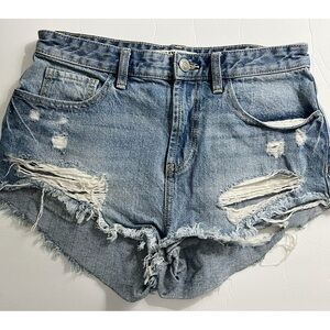 Tally Weilj • Denim Destructed Light Wash Jean Shorts
